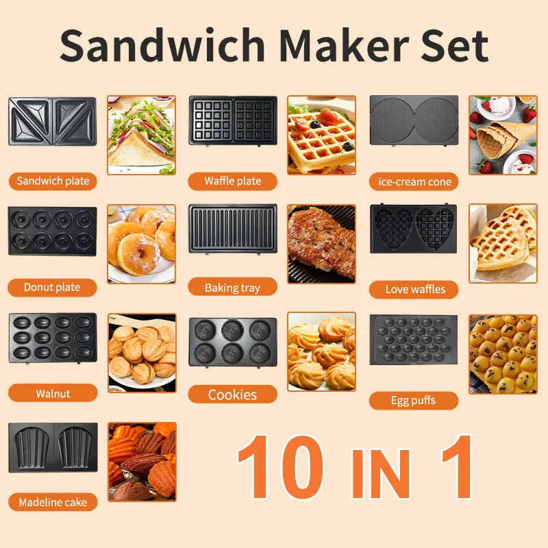 Mini Waffle Maker Machine - 220/110V Huishoudelijke apparaten 10-in-1 Sandwichmaker Mini